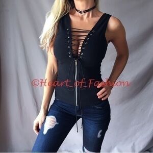 SEXY Corset Lace Up Cleavage Zip Front Caged Strappy Back Fitted Vest Club Top
